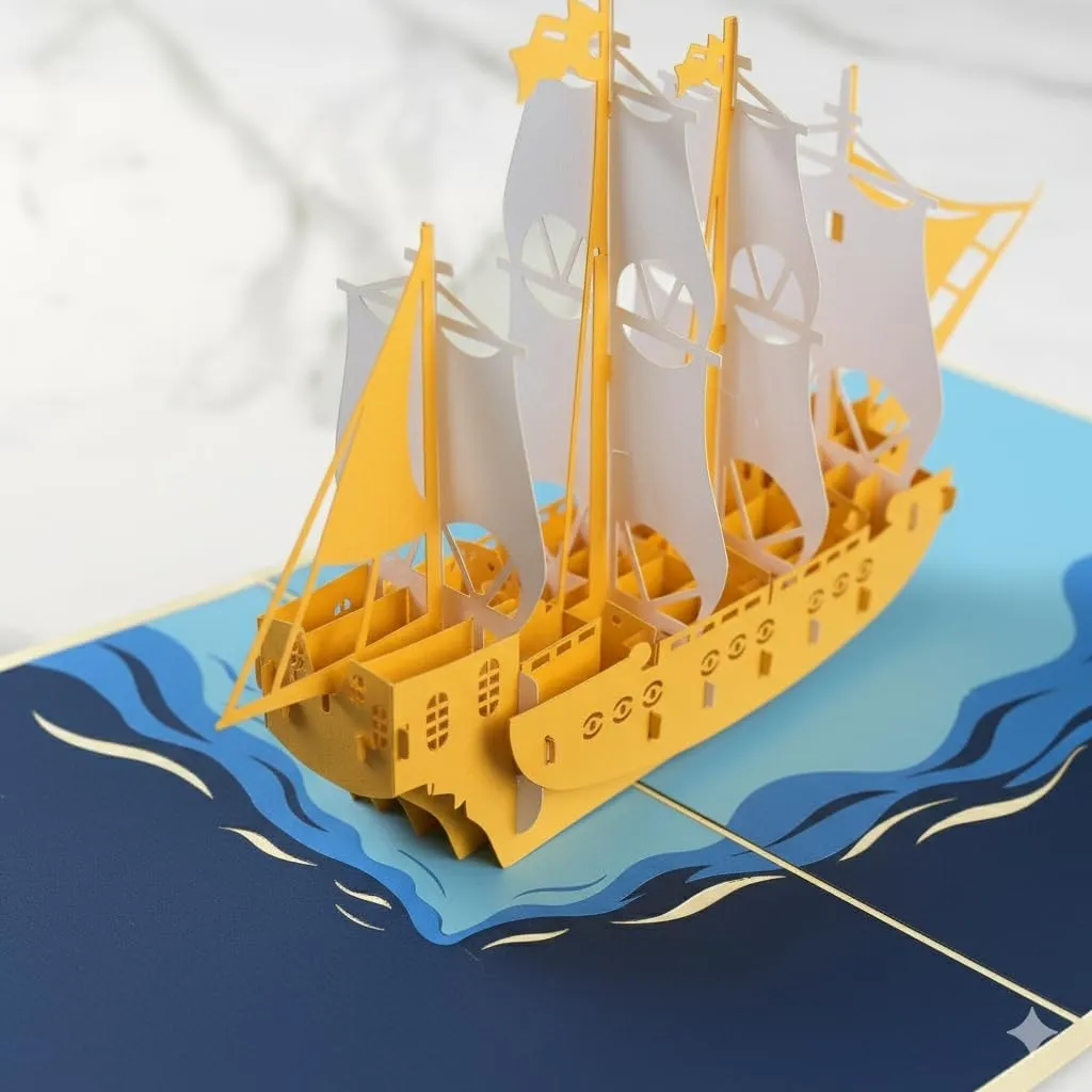 Sailing Boat pop-up card, open, showing the cut paper layers
