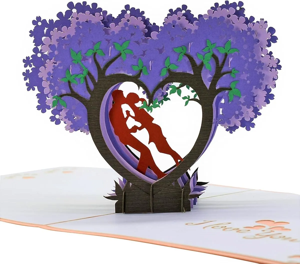 Heart Tree pop-up card, open, showing the cut paper layers