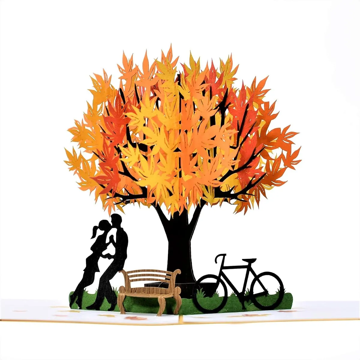 Maple Couple pop-up card, open, showing the cut paper layers
