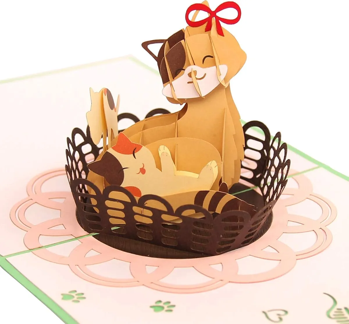 Mother Cat pop-up card, open, showing the cut paper layers