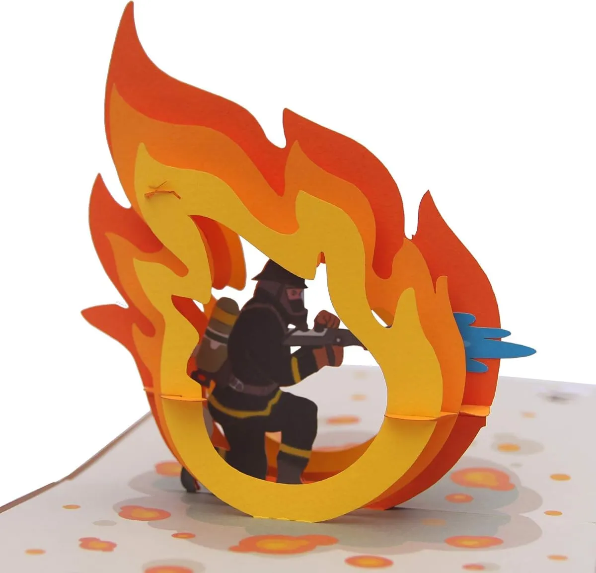 Firefighter pop-up card, open, a paper figure and ladder rising from the fold