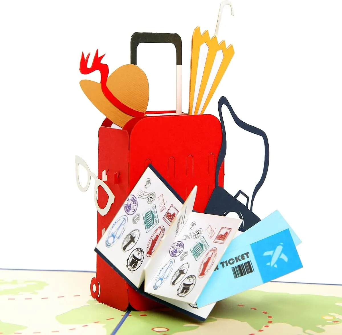 Travel Adventure pop-up card, open, showing the cut paper layers
