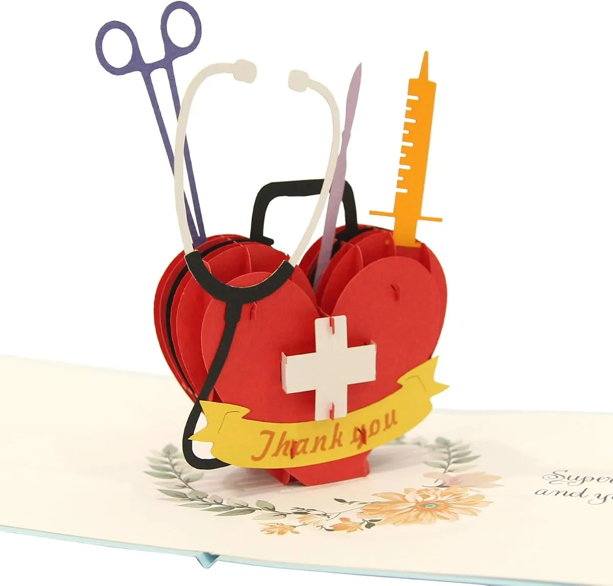 Medical Thank You pop-up card, open, showing the cut paper layers