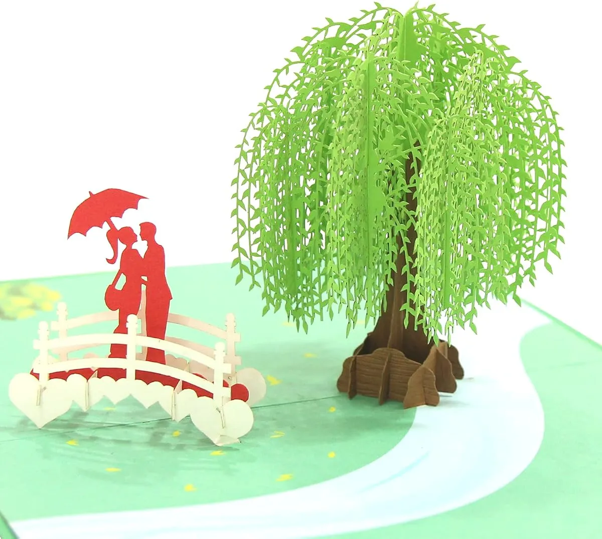 Willow Tree pop-up card, open, showing the cut paper layers