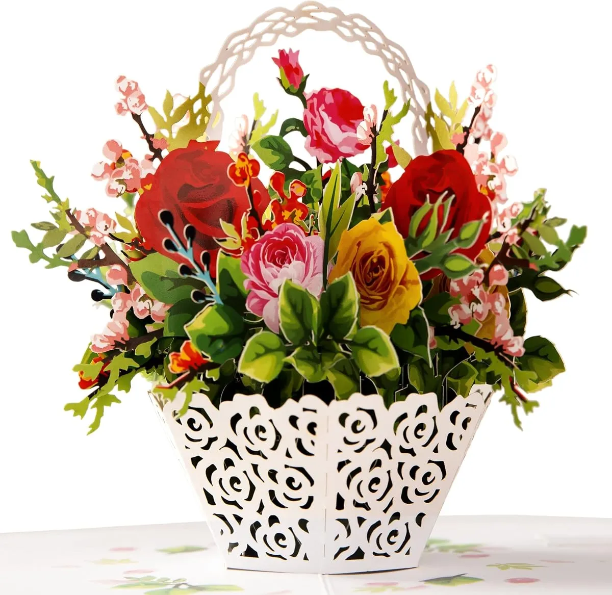 Flower Basket pop-up card, open, showing the cut paper layers