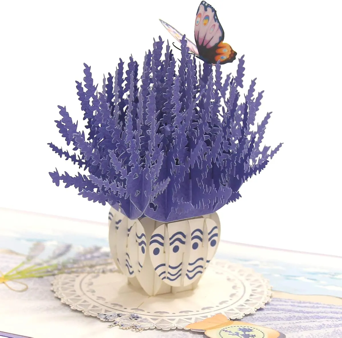 Lavender Field pop-up card, open, showing the cut paper layers