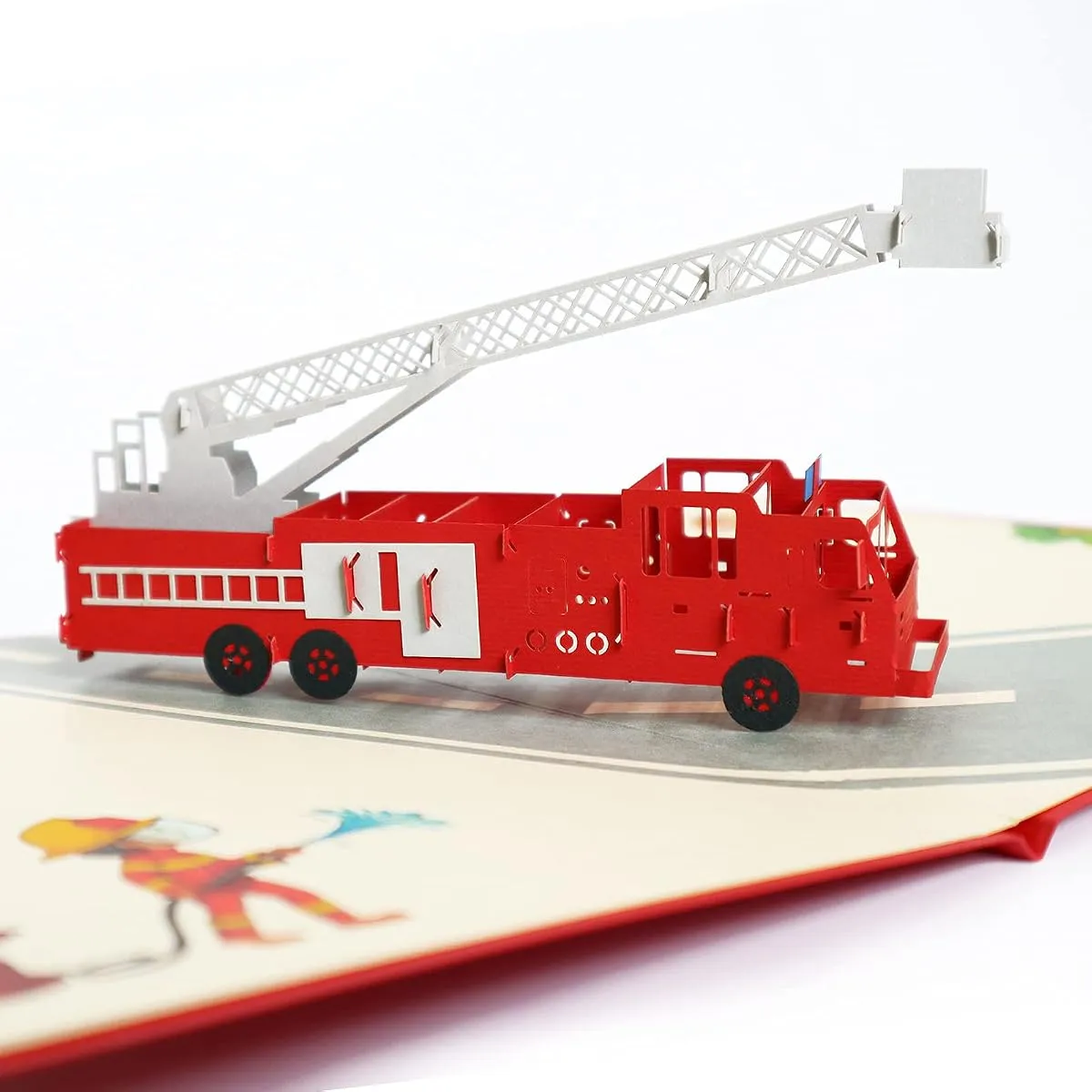 Fire Truck pop-up card, open, showing the cut paper layers