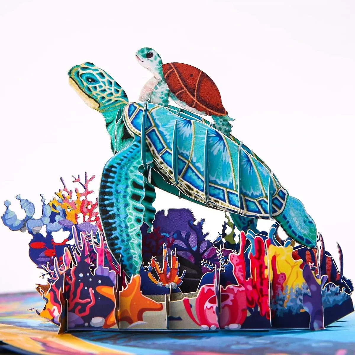 Turtle and Baby pop-up card, open, showing the cut paper layers