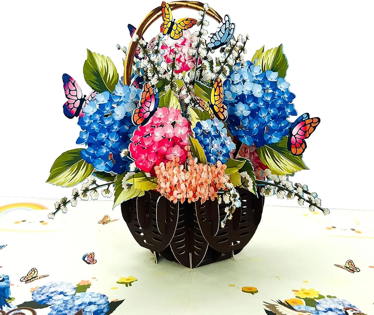 Hydrangea Basket pop-up card, open, showing the cut paper layers