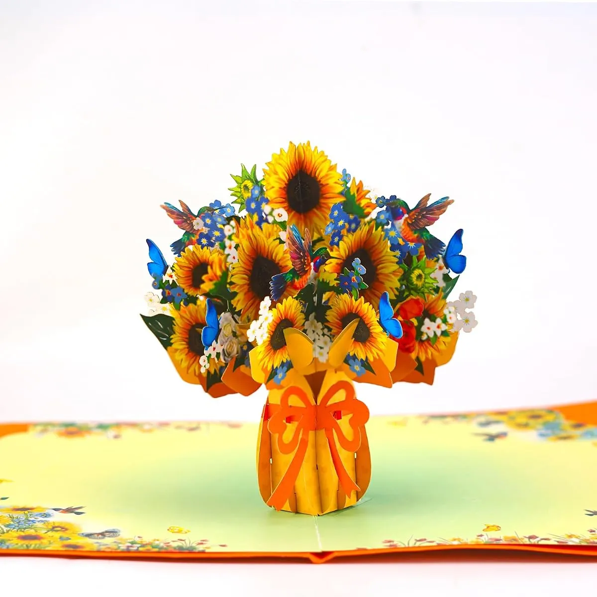 Sunflower Bouquet pop-up card, open, showing the cut paper layers
