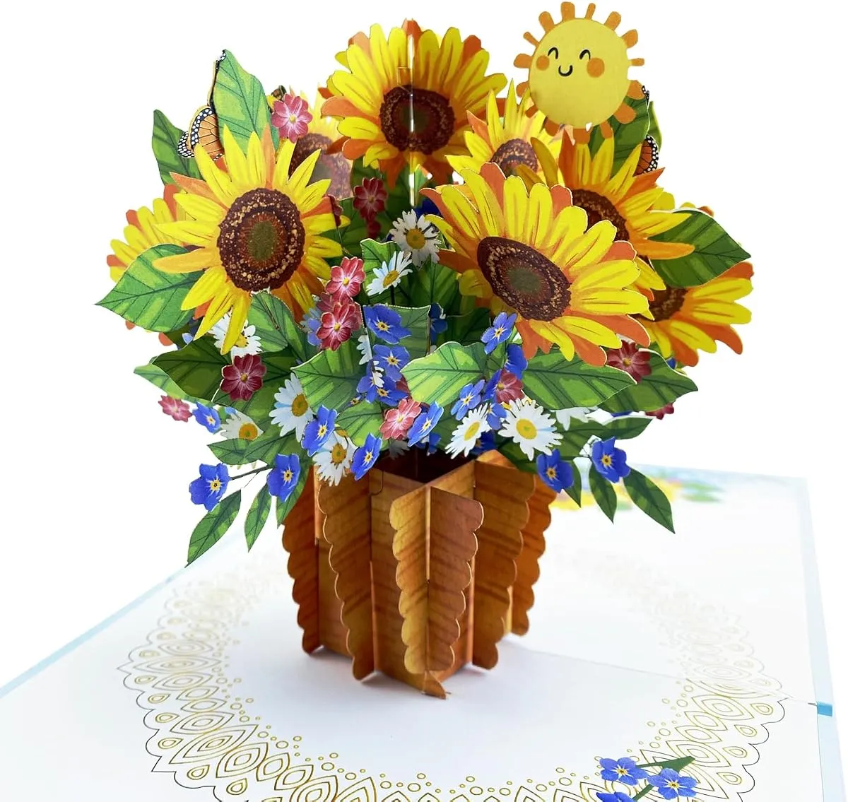Sunflower Vase pop-up card, open, showing the cut paper layers
