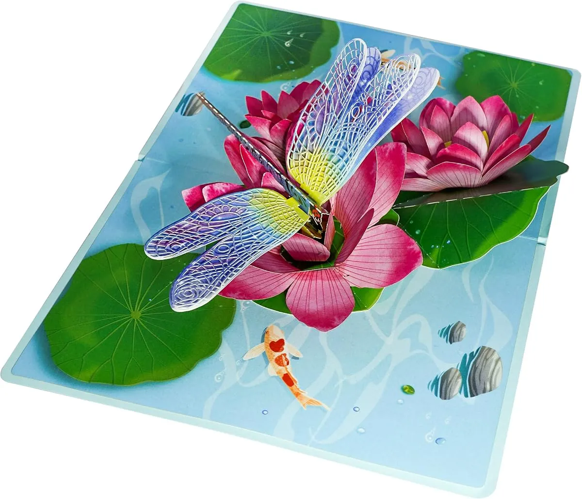 Dragonfly Meadow pop-up card, open, showing the cut paper layers