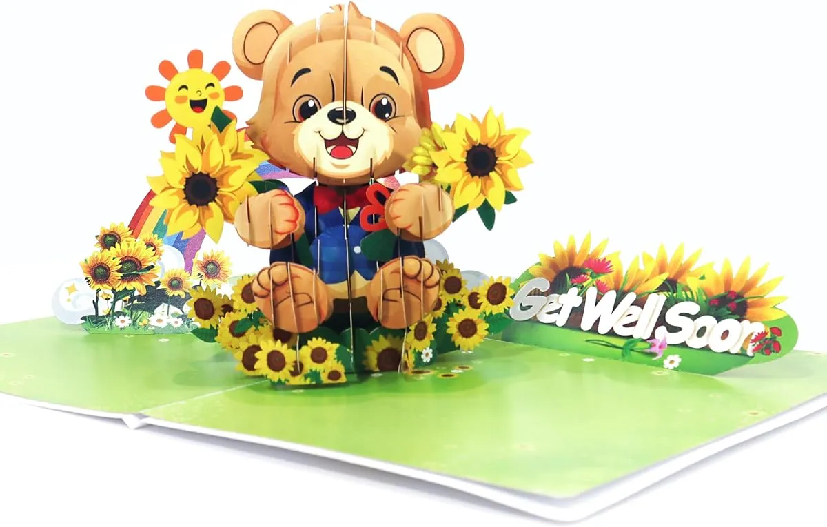 Get Well Rainbow pop-up card, open, showing the cut paper layers