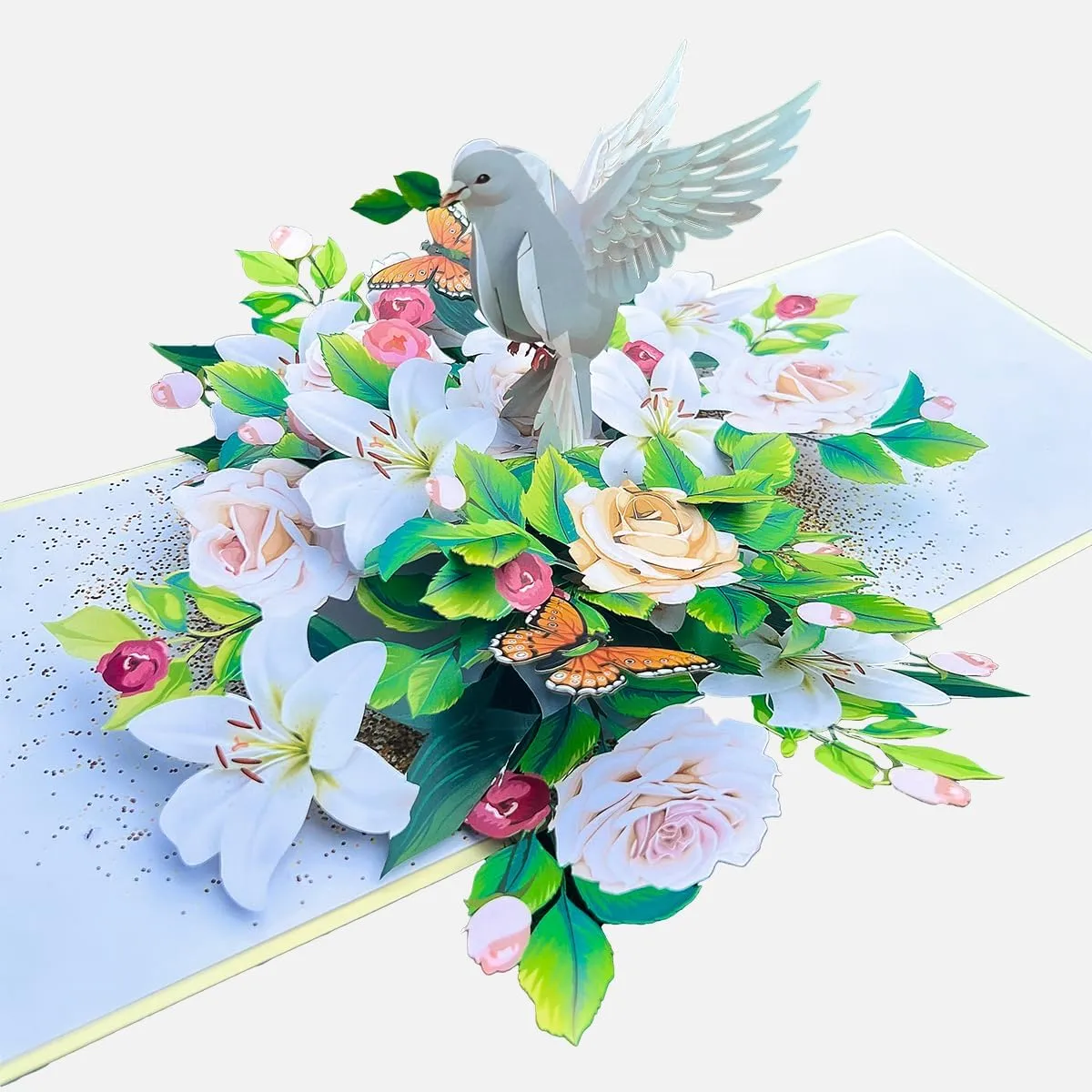 Dove and Lily pop-up card, open, showing the cut paper layers